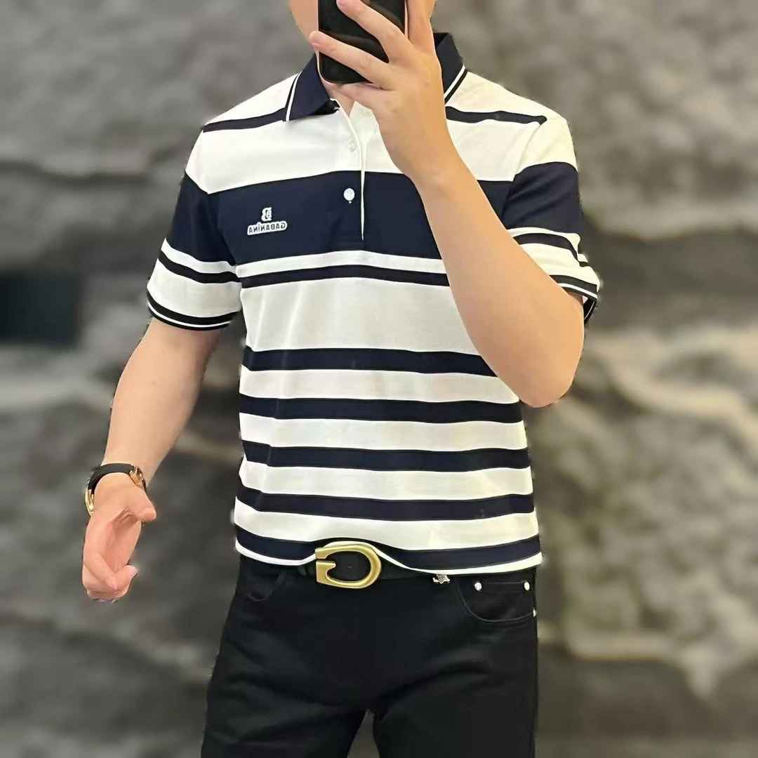 新款高端男士潮流百搭个性字母线条拼色短袖休闲POLO衫F257155