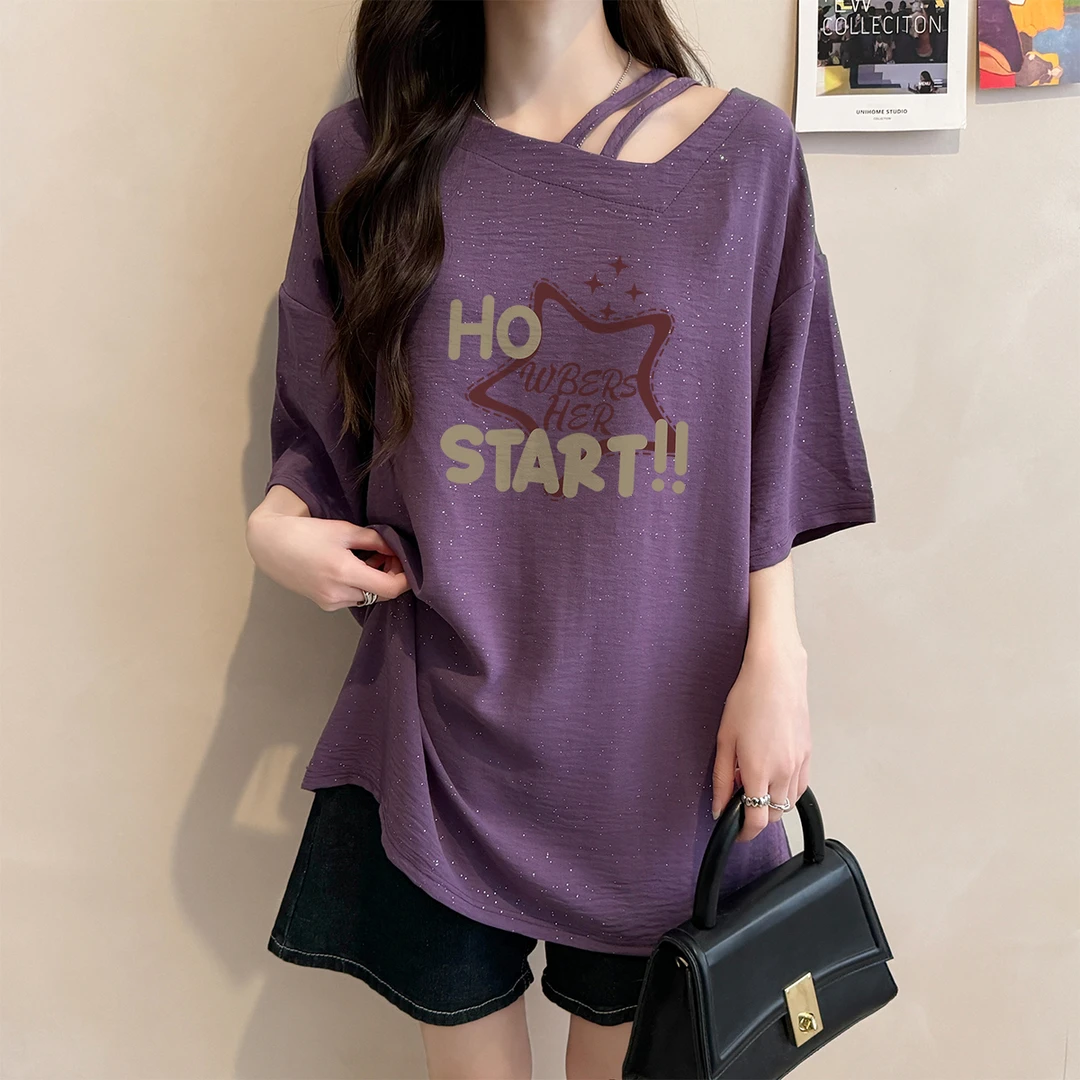 亮闪闪短袖T恤女夏季爆款宽松时尚百搭网红卡通小众大码斜领上衣