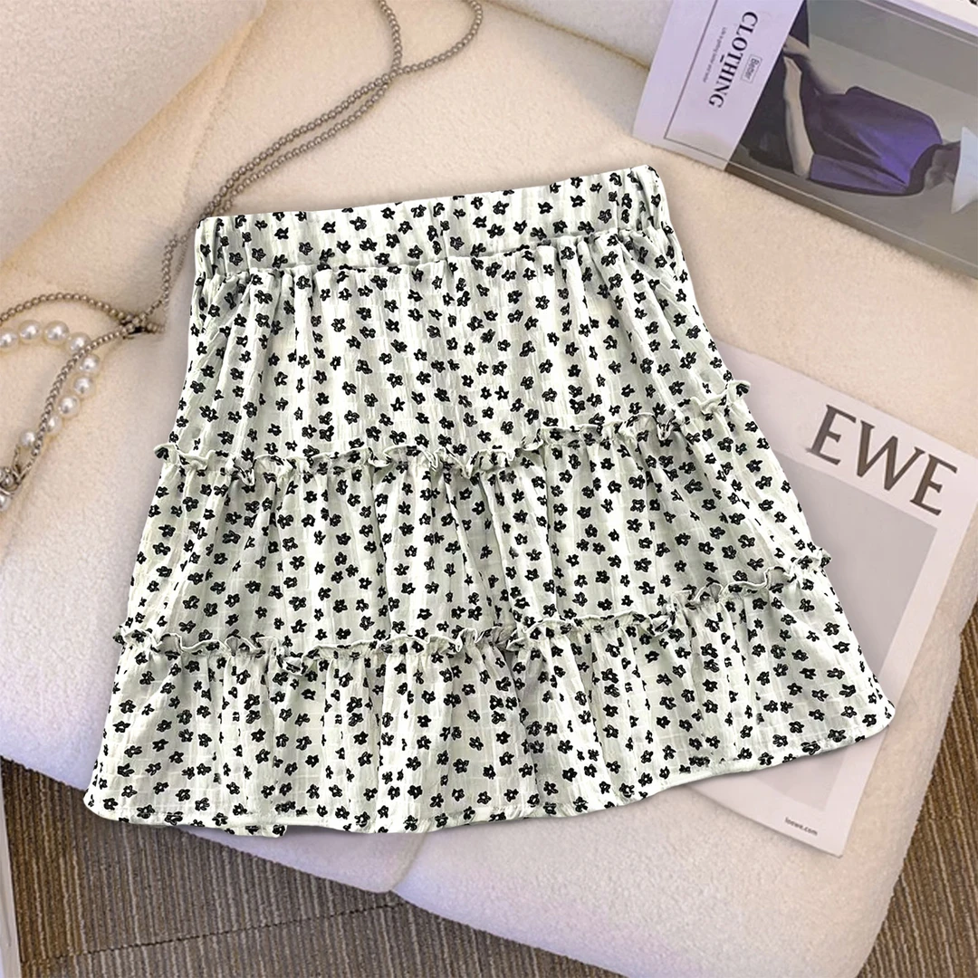 2025夏季高腰显瘦时尚百搭休闲气质百褶A字裤裙新款黑色碎花短裙