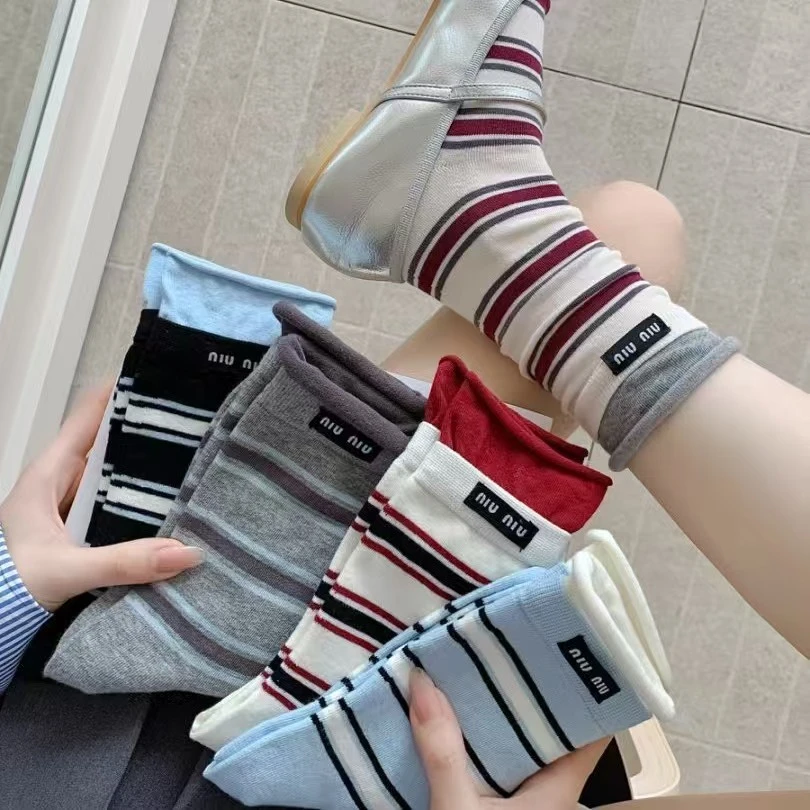 百搭布标撞色条纹袜秋冬中筒堆堆袜月子袜拼接休闲风学院风透气jx