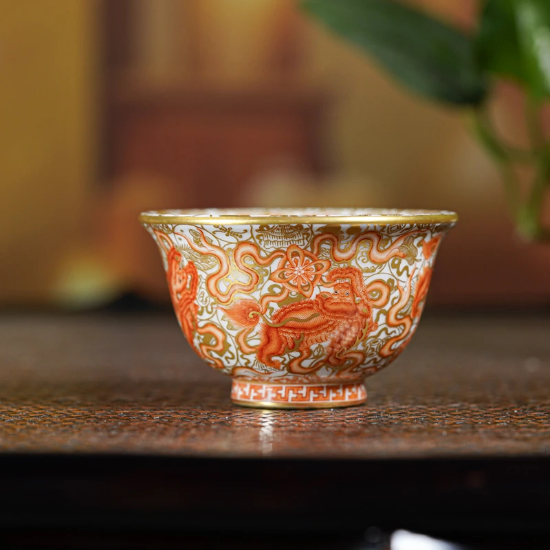 【小乔赏瓷】景德镇手工手绘司陶坊矾红描金九狮杯stf65
