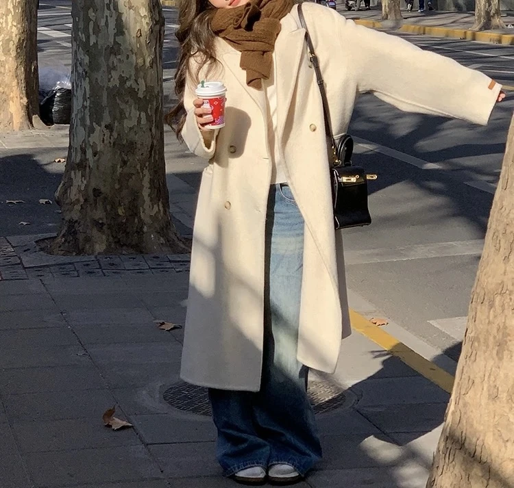 中长款毛呢外套灰色双排扣呢大衣优雅女装翻领秋冬双面呢气质