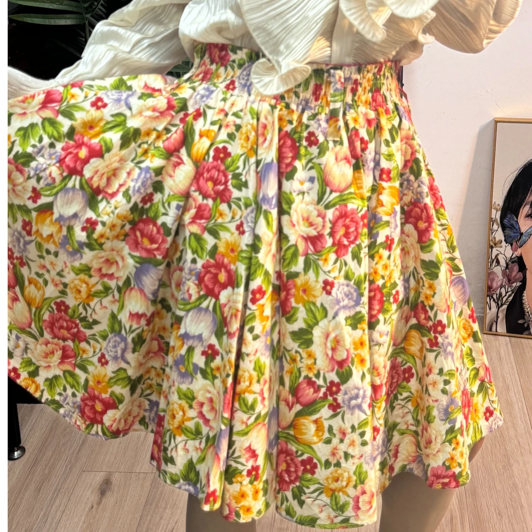 vintage夏季高腰显瘦印花伞裙复古气质百搭半身裙中长款