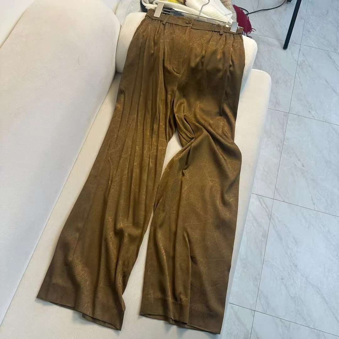 BT棕色提花真-丝阔腿休闲长裤