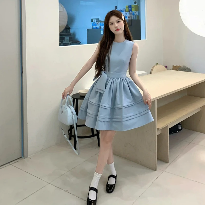 亲身体验~法式无袖蓬蓬蓝色连衣裙夏季2025新款甜美财阀千金女装