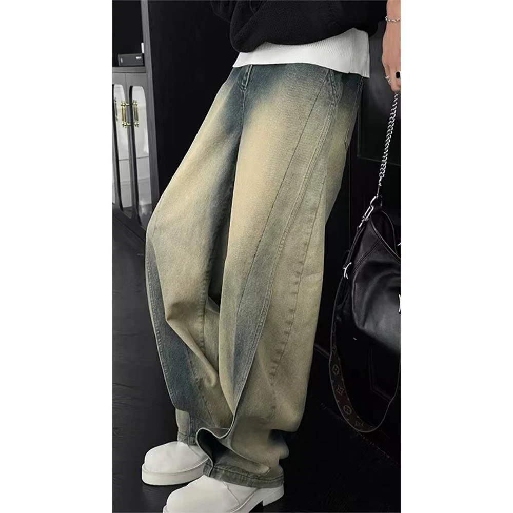 黄泥色水洗做旧牛仔裤男款冬季解构设计感复古裤子美式高街阔腿裤