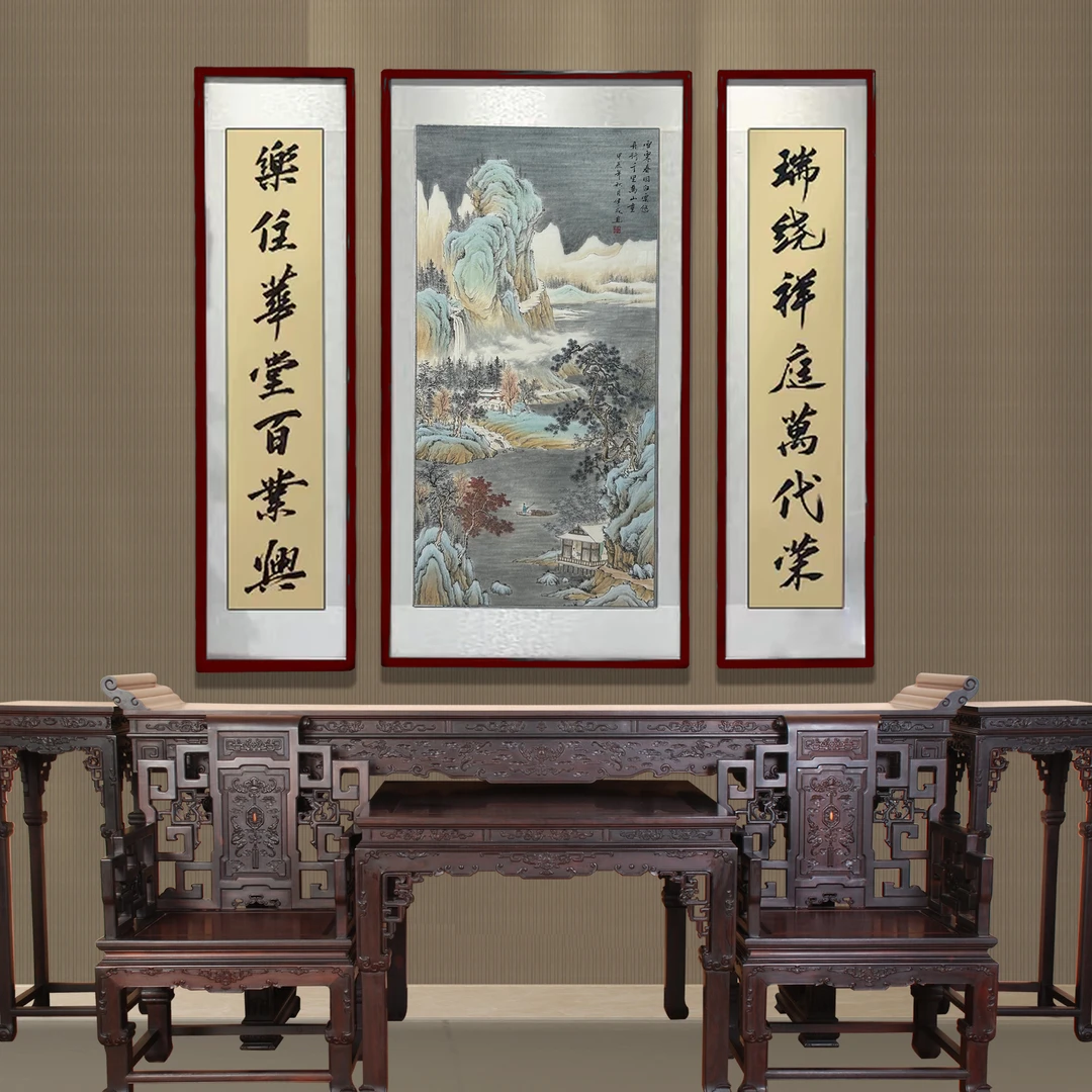 纯手绘-雪霁春回红菠萝格边框168*86+168*43*2中堂三联定制链接