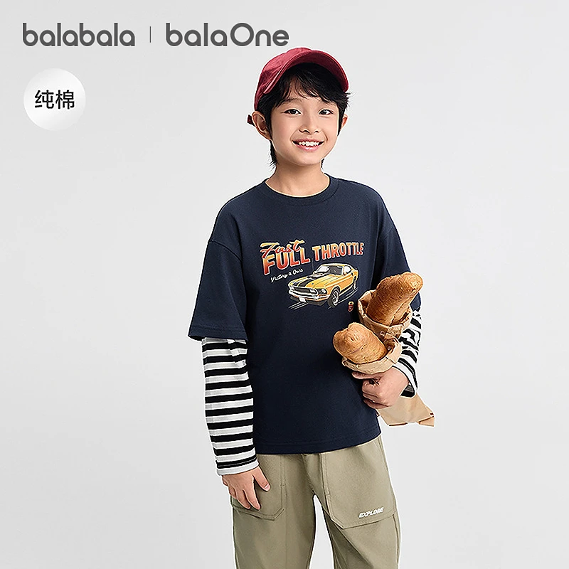 【balaOne】巴拉巴拉儿童长袖t恤男童女童2025秋季款假两件纯棉上衣