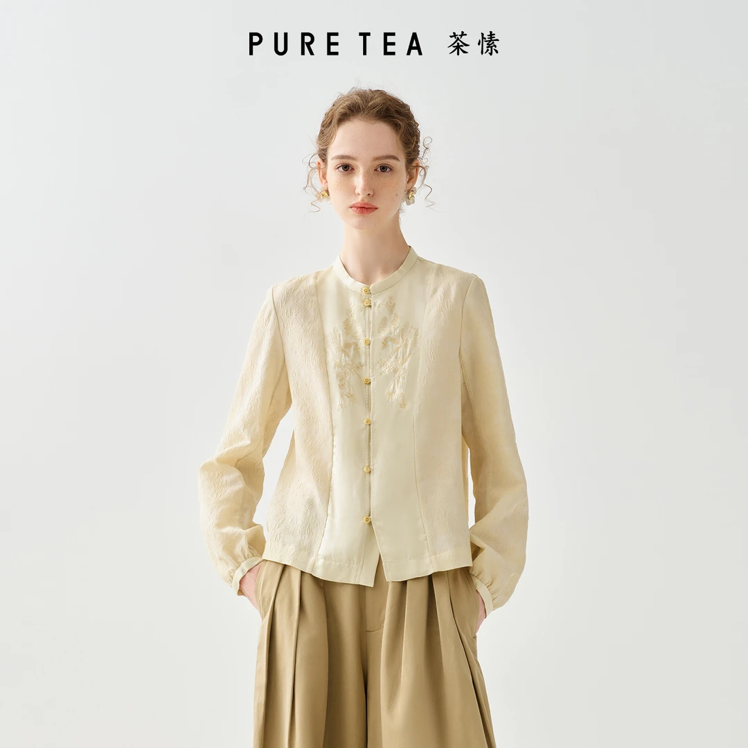 【商场同款】茶愫缎面撞料绣花衬衫女烧边果实扣秋新TB1101C31