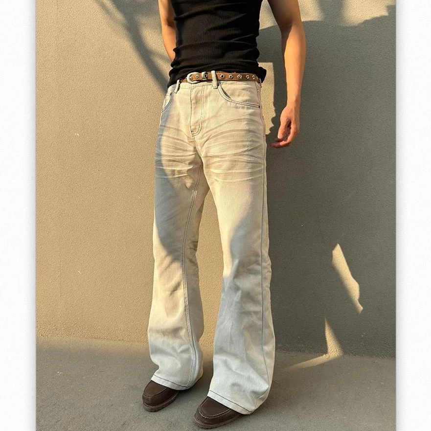 9039 脏染做旧白牛自然脏染压褶猫须直筒牛仔裤