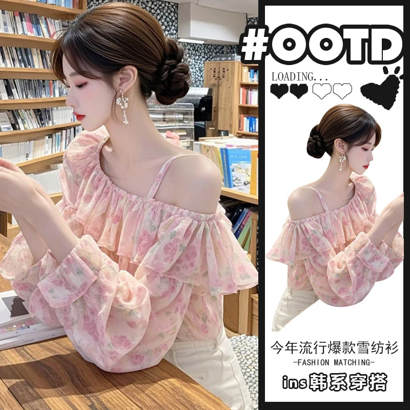 2025秋季新款设计感独特吊带雪纺衫女法式小众气质长袖甜美上衣潮