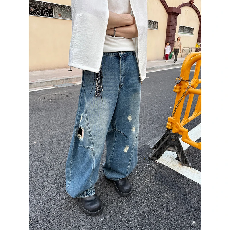 02320 韩版水洗做旧脏染破洞牛仔裤宽松直筒裤阔腿拖地弯刀长裤
