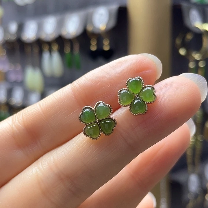 和田玉银S925镶嵌耳饰