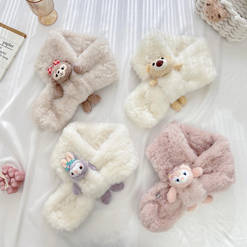 小熊围巾女冬季加厚毛绒绒围脖少女保暖交叉脖套柔软可爱仿兔毛男