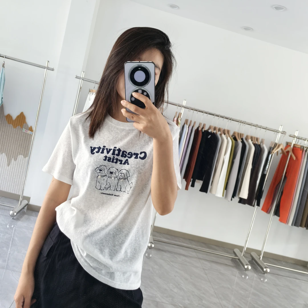 雪花棉休闲印花烫印女款T恤宽松型短袖