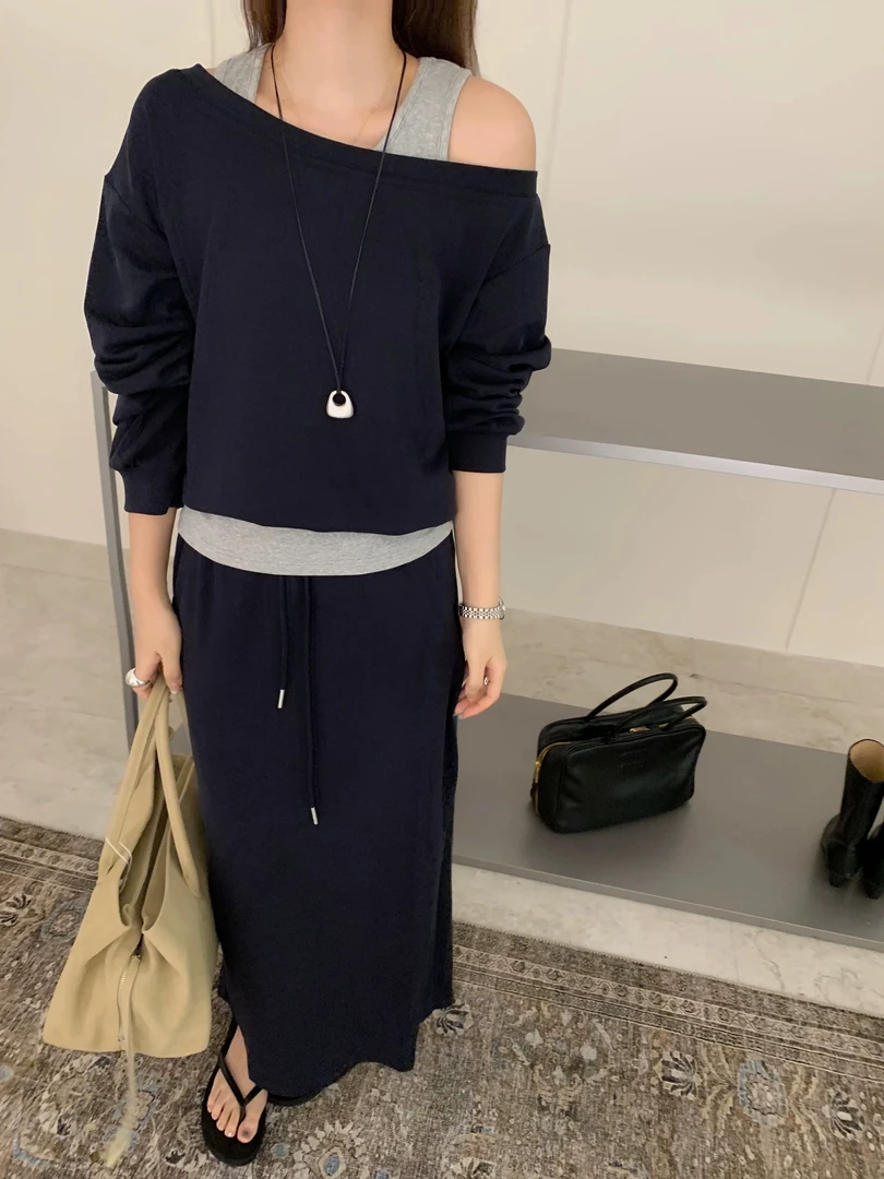 【WEIYI】早秋新款设计感韩系宽松慵懒背心卫衣半身裙三件套