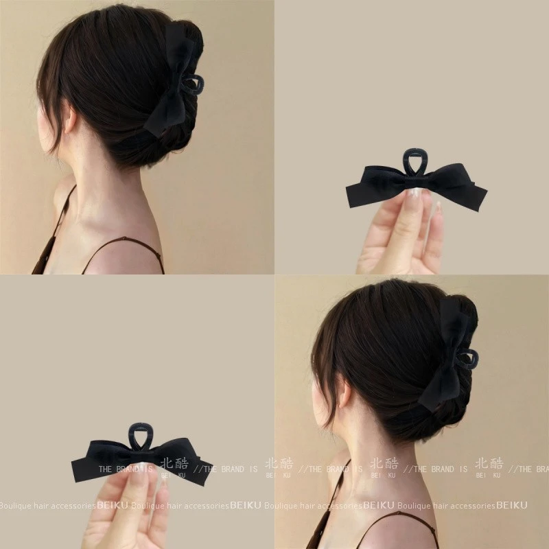 法式赫本风！黑色蝴蝶结抓夹！大号高级感盘发夹后脑勺鲨鱼夹头饰