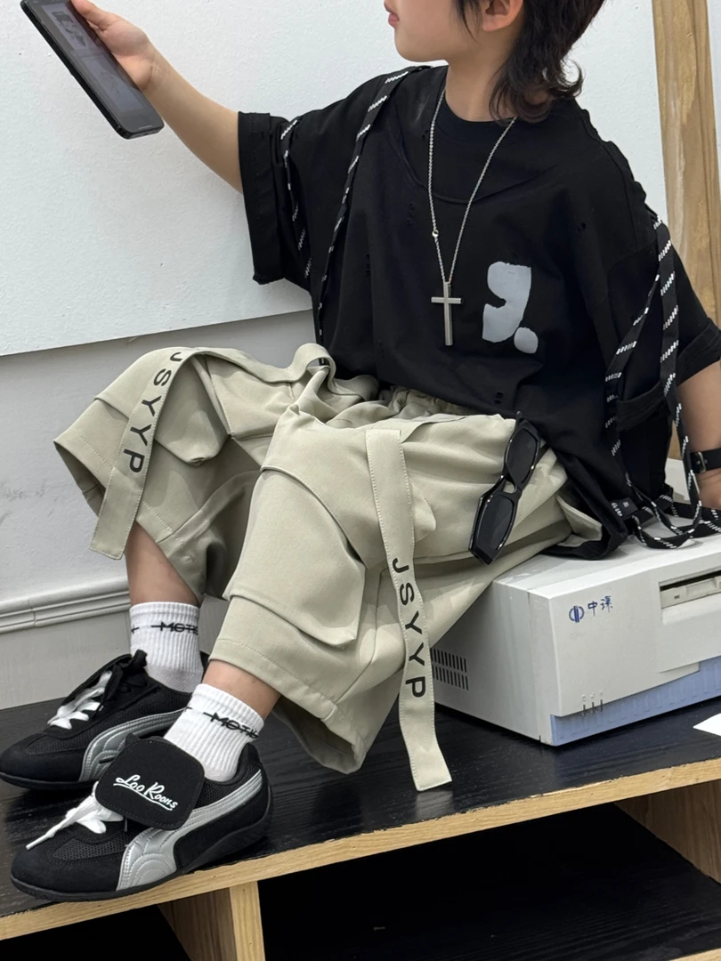 505448  潮流时尚男童女童春夏款百搭大口袋字母中裤