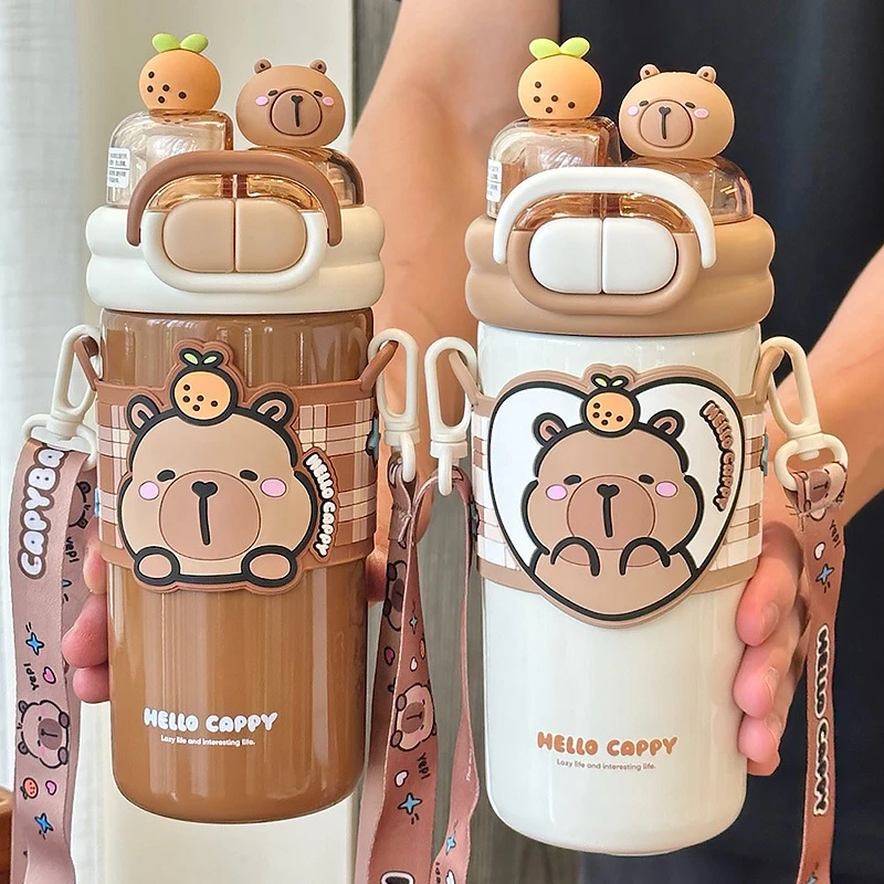 【华姐溯源】卡皮巴拉双饮提手保温杯316不锈钢斜跨520ML水杯8221