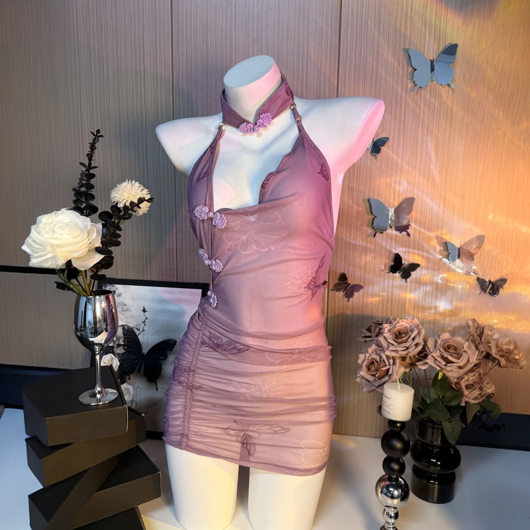 紫韵味（80-150斤）新中式复古盘扣挂脖纯欲高颜值蕾丝网纱法式睡裙