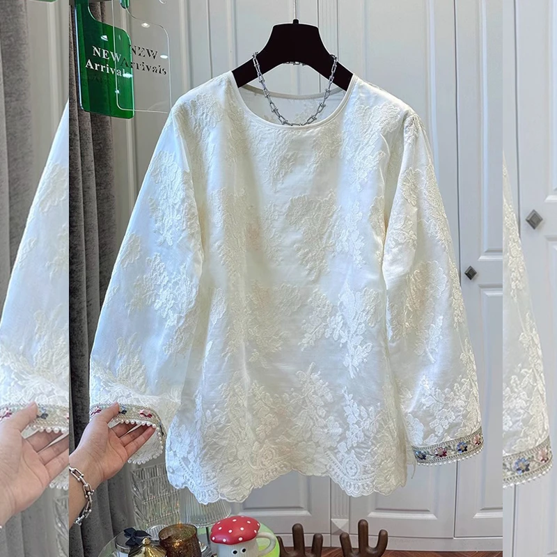 高级感新中式刺绣袖口钉珠蕾丝衫上衣女装早春新款大版宽松小衫潮