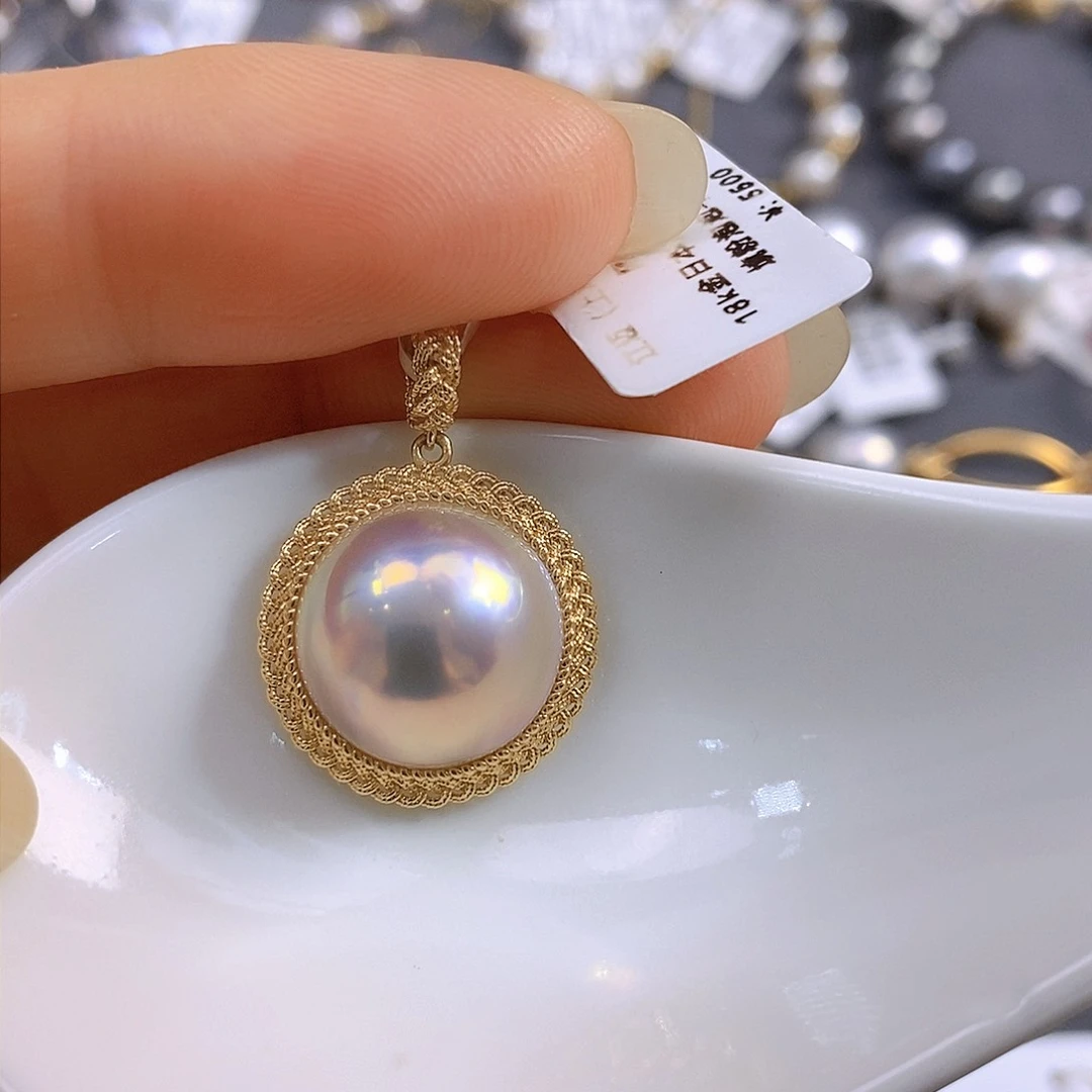 18K金镶嵌日本原装成品明白极光仙境粉泡泡拼合珍珠（马贝珠）