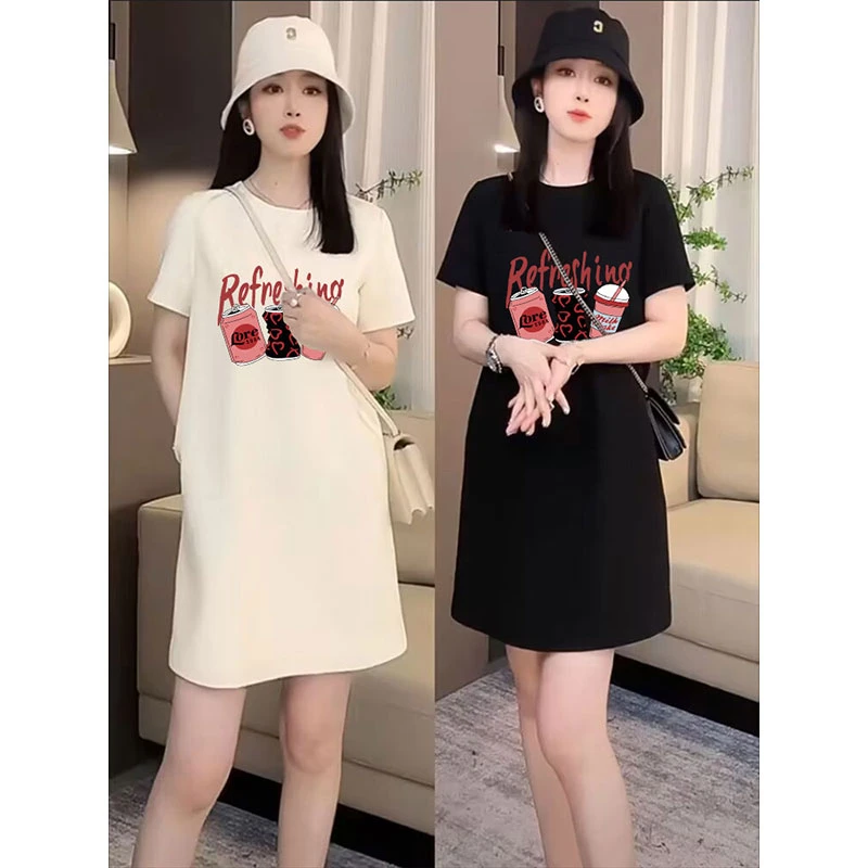 大码纯棉短袖连衣裙女夏季宽松遮臀过膝夏季大码遮肚宽松显瘦T恤