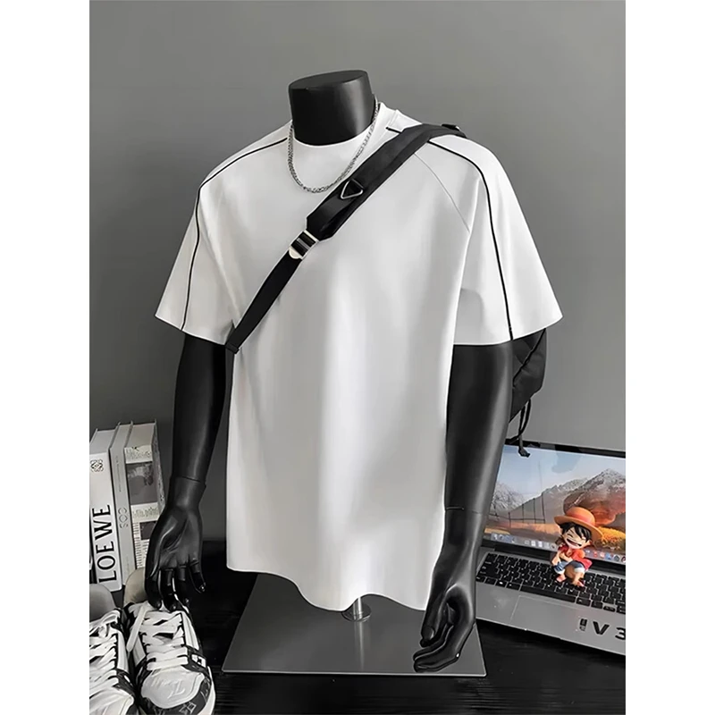 港风条纹圆领短袖t恤男款cleanfit痞帅高级感半袖夏季潮流五分袖