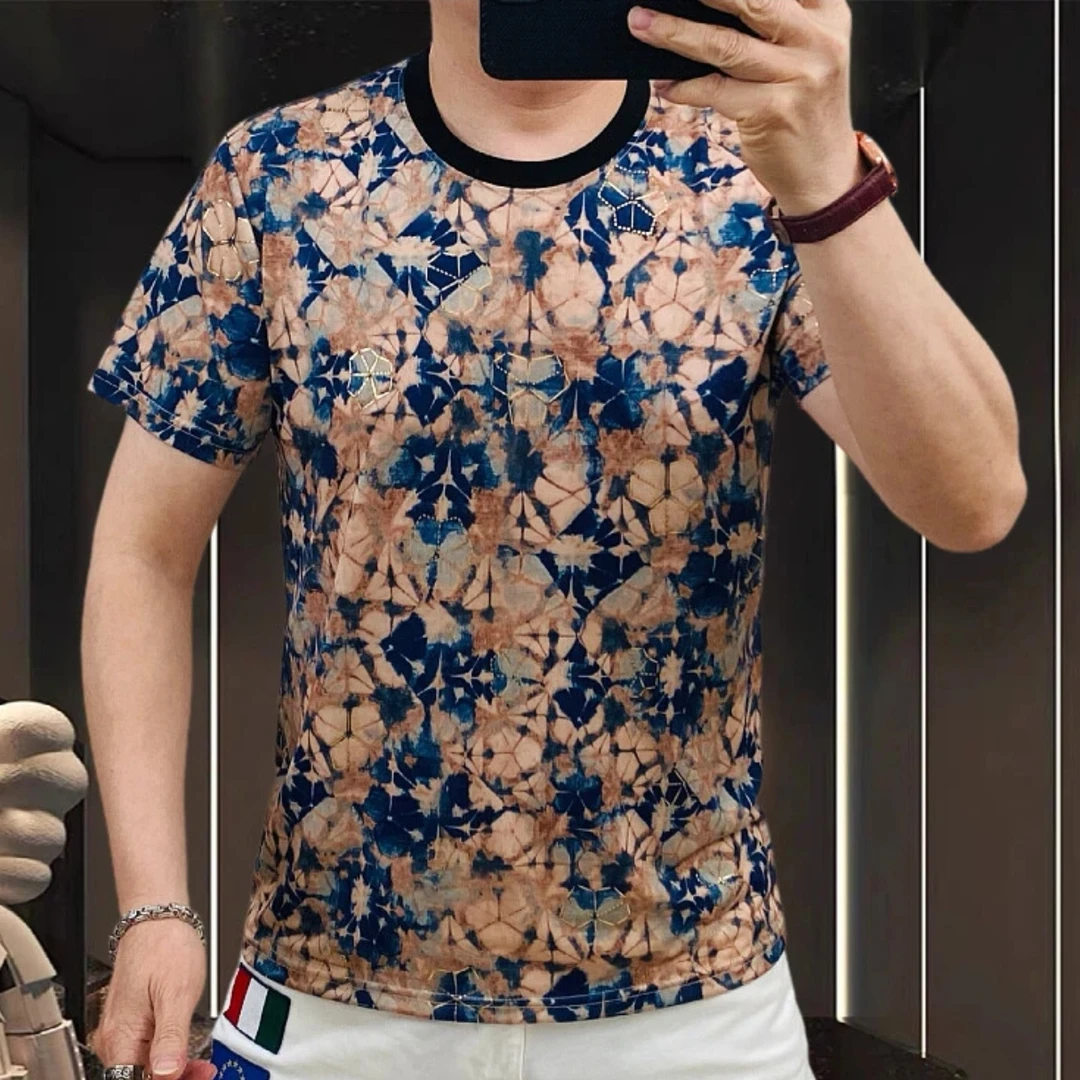 2025夏季男士冰丝印花T恤圆领短袖烫金设计师款空调T恤F213