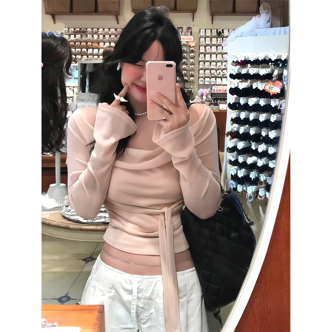 辣妹荡领长袖T恤女秋季新款小众设计感系带修身显瘦别致气质上衣