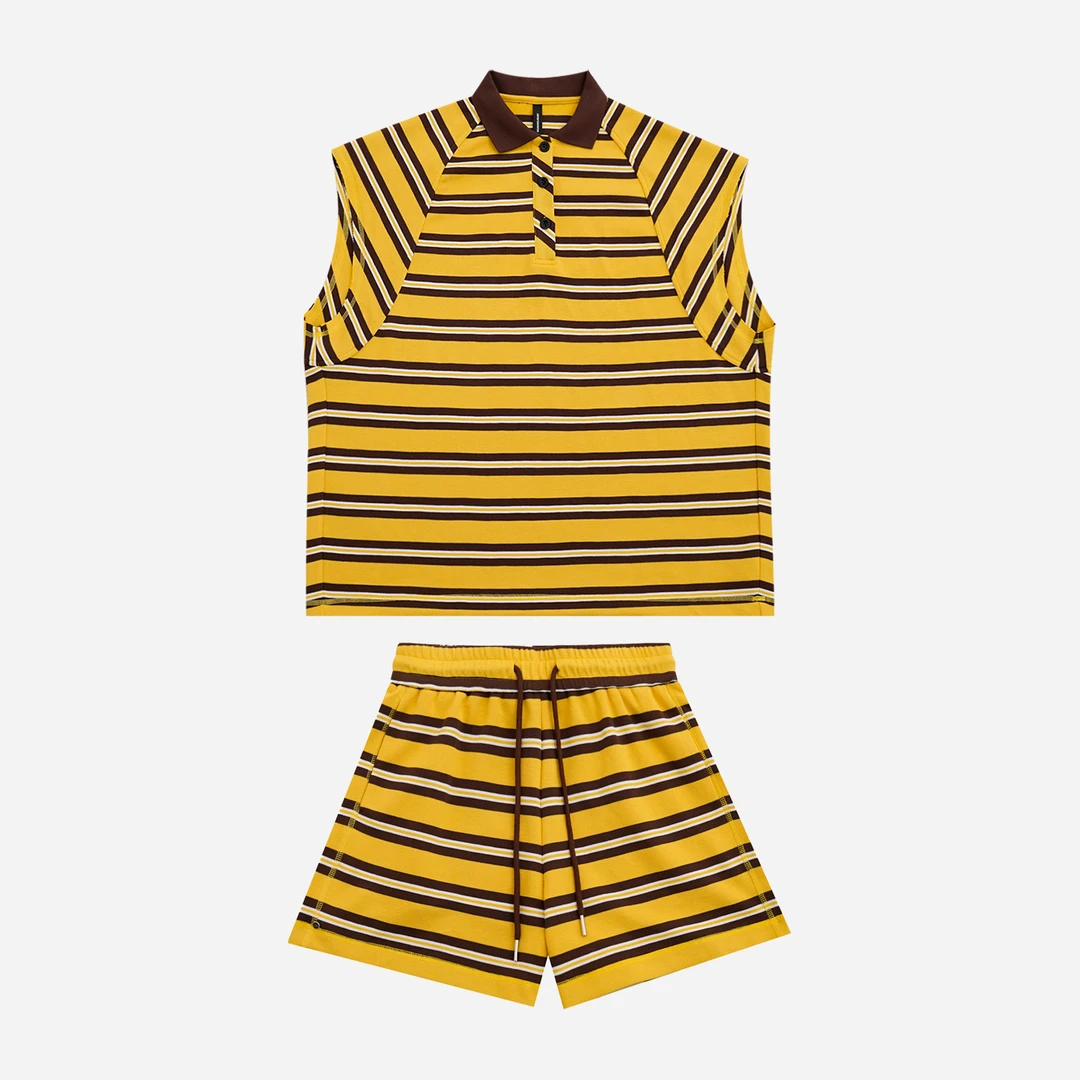 25N轻奢高级感时尚宽松休闲黄色条纹无袖马甲短裤套装 153034/5