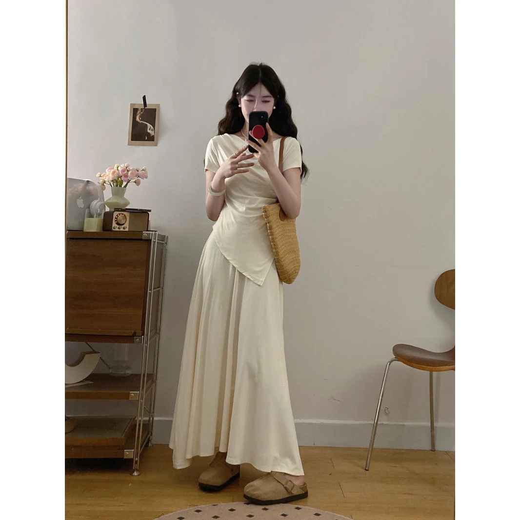 5429#大码胖MM夏季新款荡领不规则开衩下摆短袖+松紧腰长裙两件套