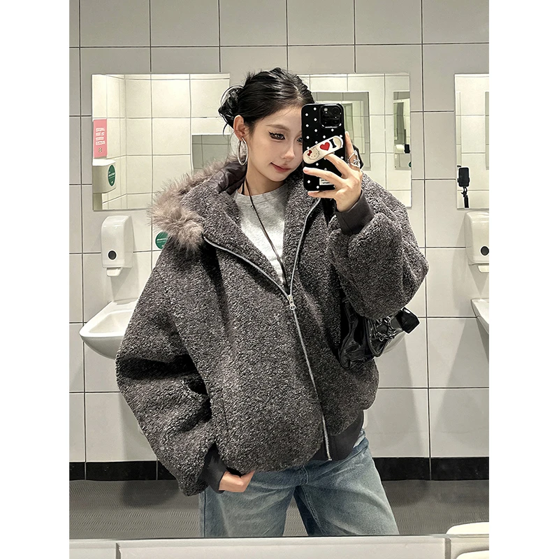 爆爆糖美式复古大毛领连帽开衫棉服秋冬新款复古休闲美式棉衣外套