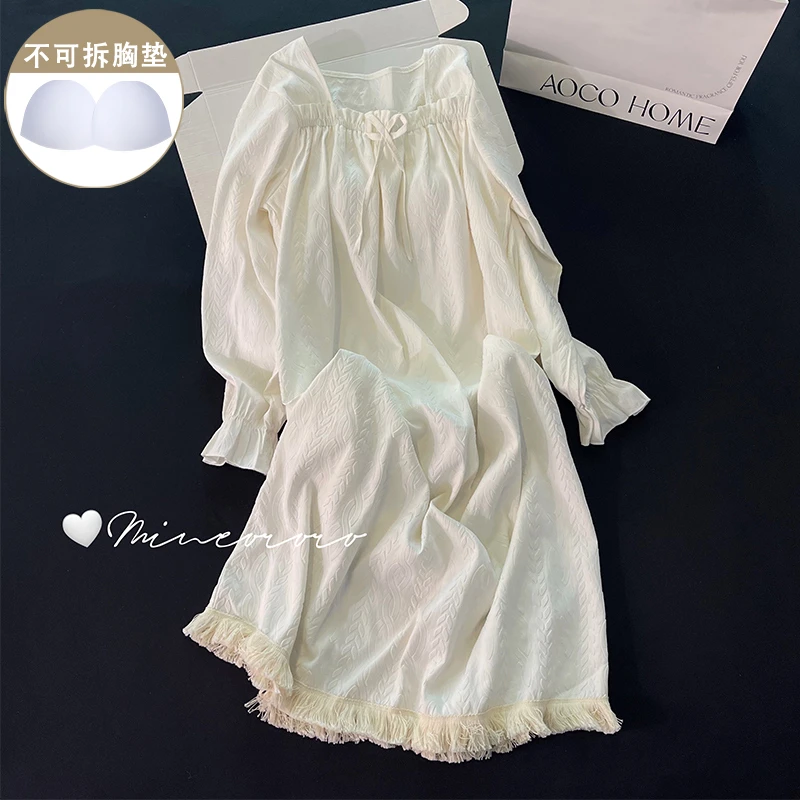 韩版ins带胸垫睡衣女春秋季长袖睡裙杏色小个子舒适高级感家居服