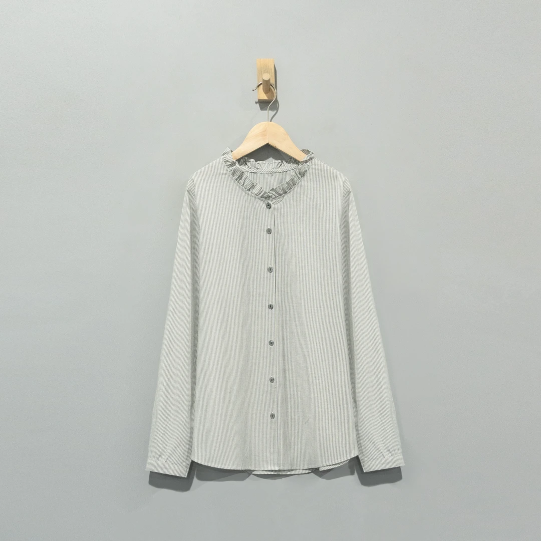 【且听风吟】0117246文艺麻棉木耳领细条纹百搭休闲衬衫