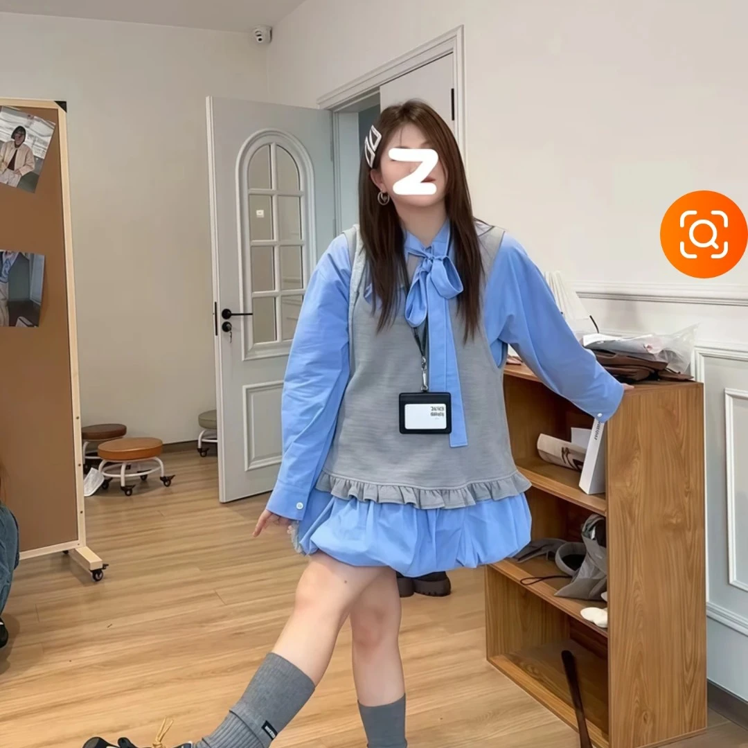 韩系复古格子蝴蝶结系带衬衫裙搭配女背心甜美秋季套装