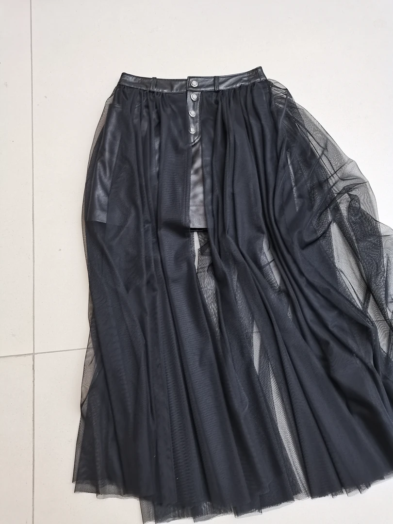 韩版黑色网纱拼接牛仔半身裙时尚设计感中长款