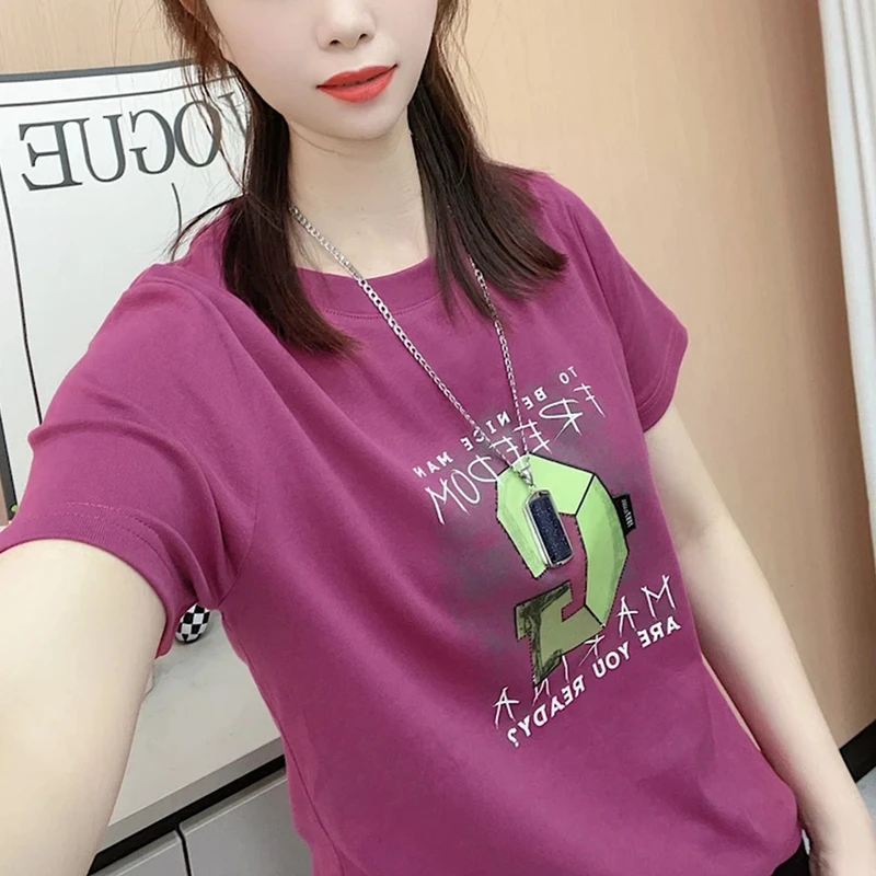 短袖T恤女士2025夏季新款欧货洋气减龄修身显瘦印花半袖体恤上衣