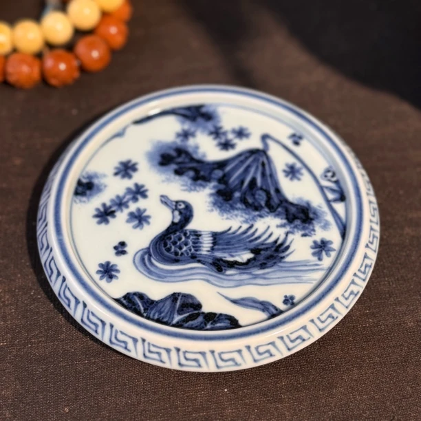 【幽蓝溪堂】鸳鸯青花盖置外径11CM内径9CM