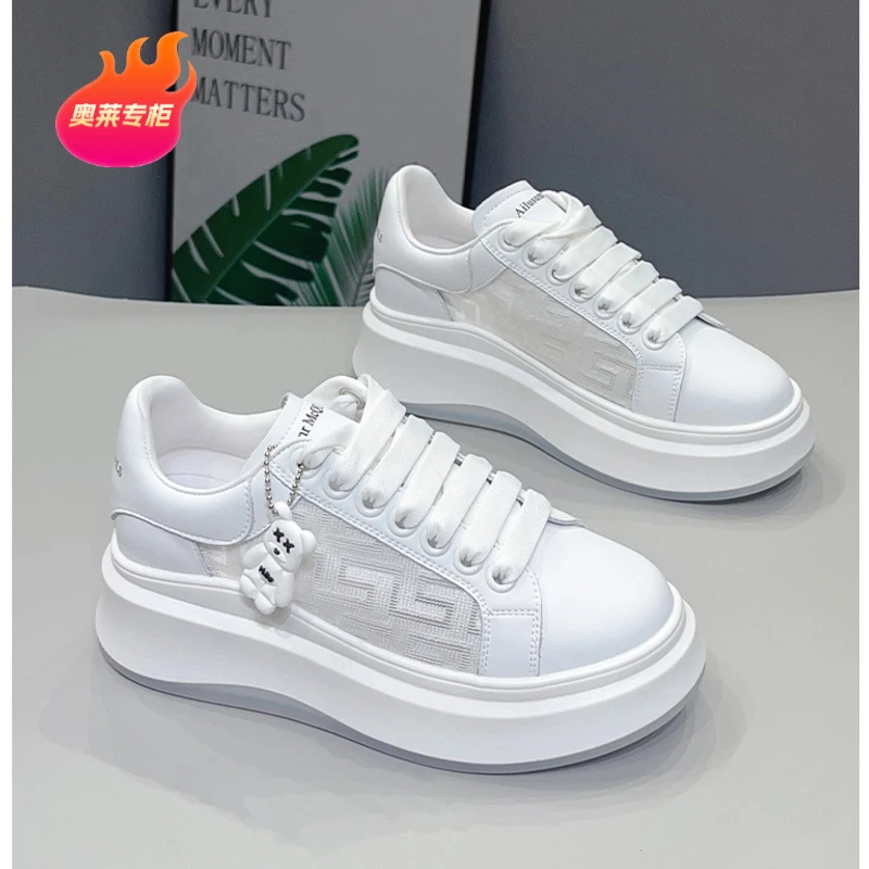 【奥莱专柜】白色板鞋网面透气小白鞋女新款2025年白色增高厚底鞋