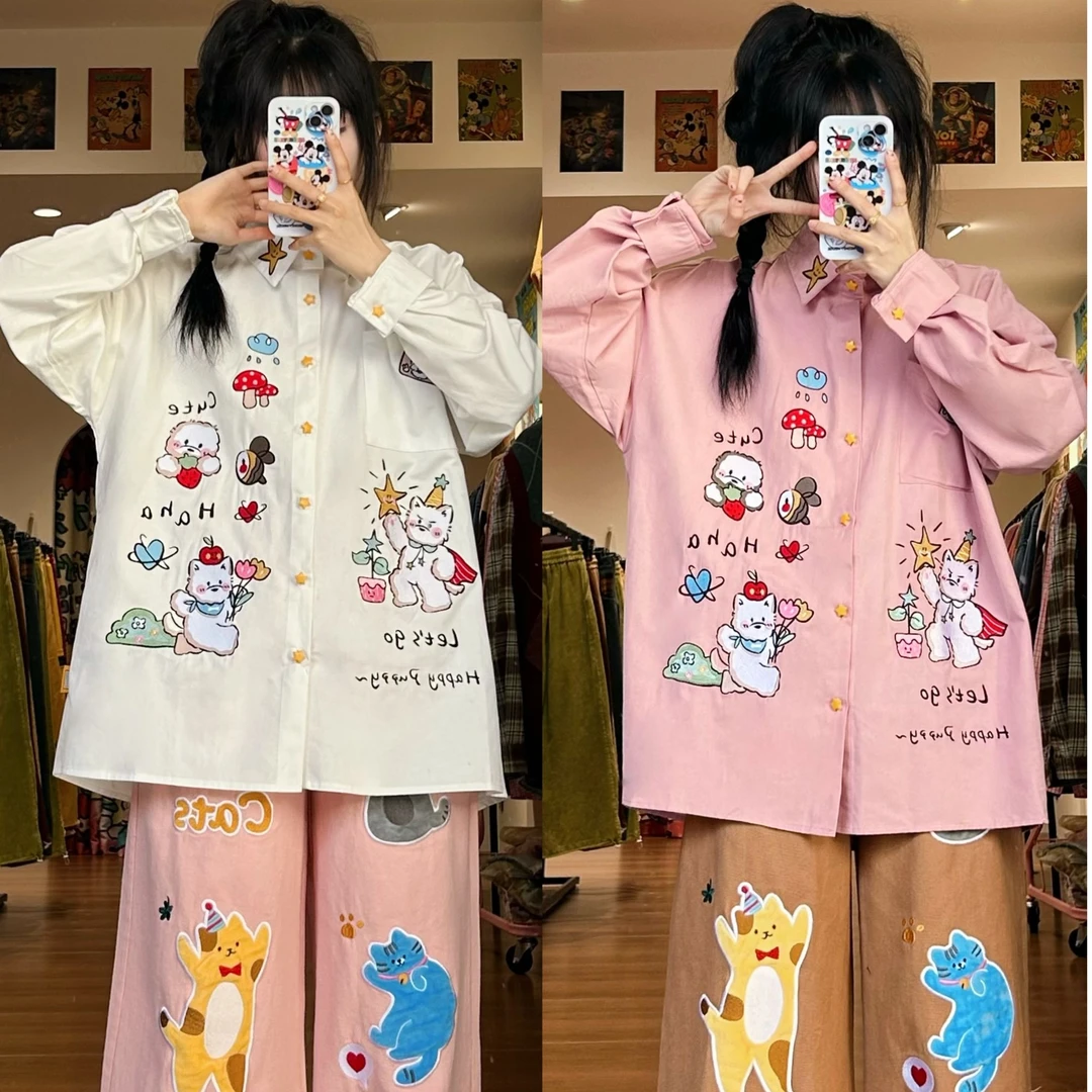 方块原创复古可爱卡通西高地小狗刺绣童趣长袖衬衫