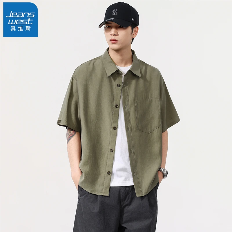 Jeanswest/真维斯莱赛尔冰丝短袖衬衣男士休闲宽松衬衣潮夏季薄款