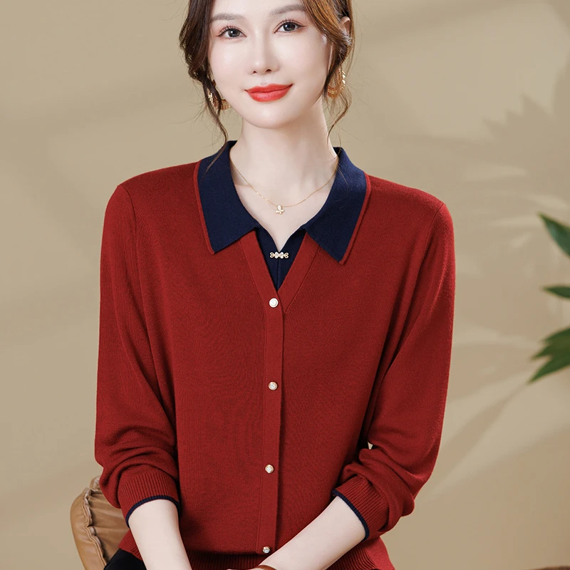 妈妈秋冬装上衣t恤翻领洋气小衫中老年时尚女装假两件打底针织衫