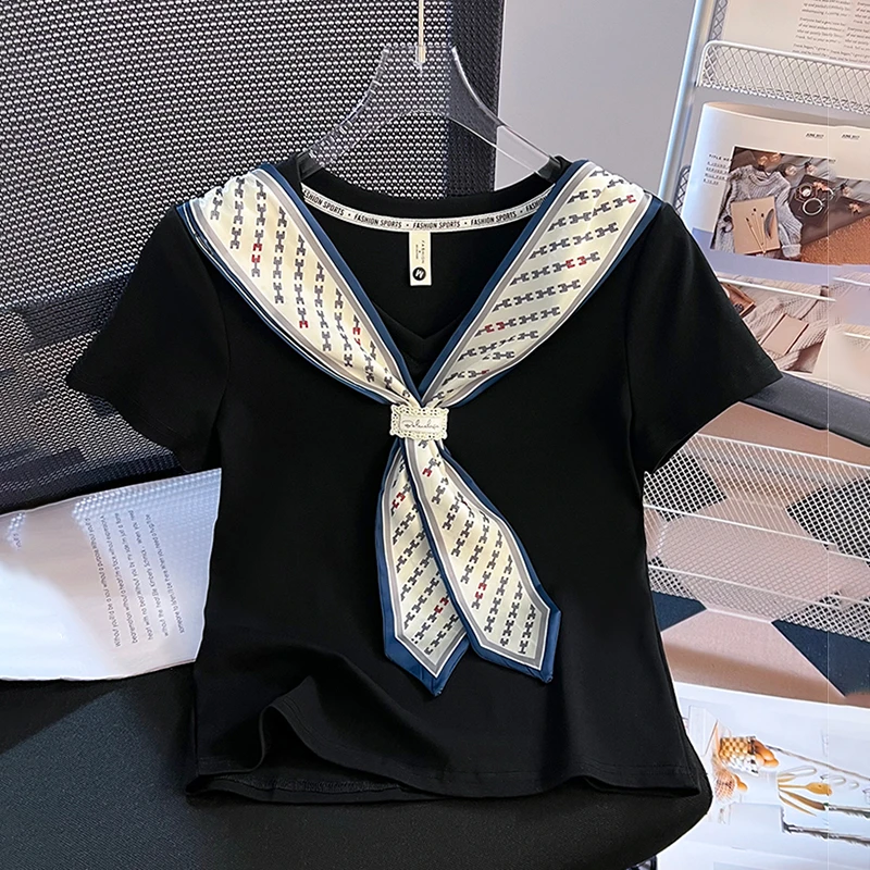 设计感蝴蝶结V领短袖T恤女款夏季爆款小个子百搭潮流洋气正肩上衣