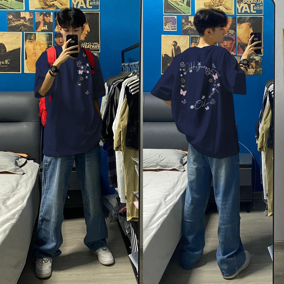 100%纯棉美式创意花卉蝴蝶字母印花短袖T恤夏季男女休闲情侣上衣