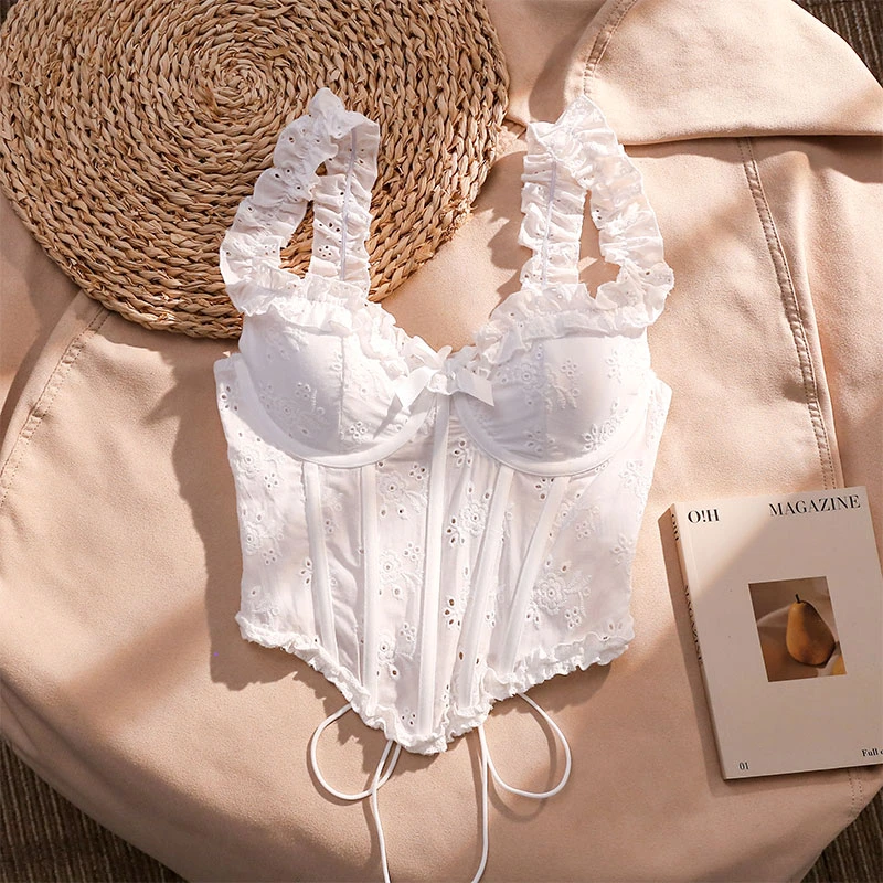 法式甜美重工镂空刺绣吊带背心女夏季纯欲辣妹鱼骨修身显瘦上衣女