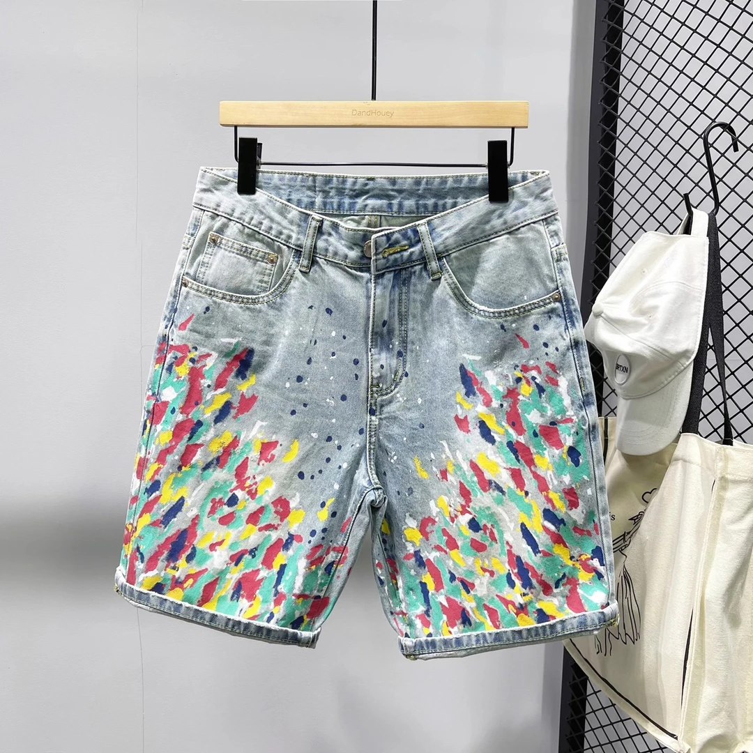 法国Cebrodz潮牌多色泼漆牛仔短裤宽松休闲直筒中裤男夏装五分裤