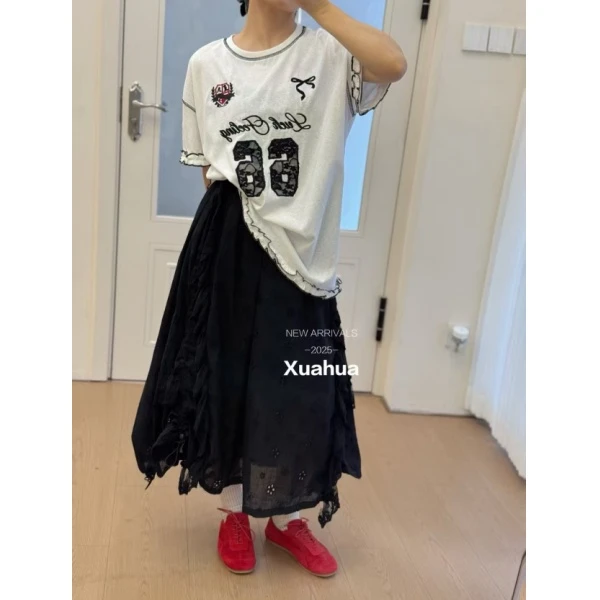 美式复古木耳边拼接印花短袖t恤女25夏宽松显瘦休闲上衣