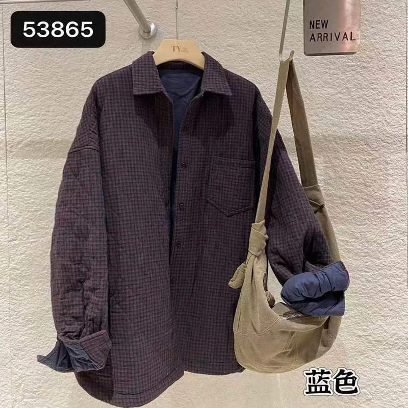 TY53865中长款夹棉衬衫女长袖休闲宽松大码纯棉格子2025秋冬新款