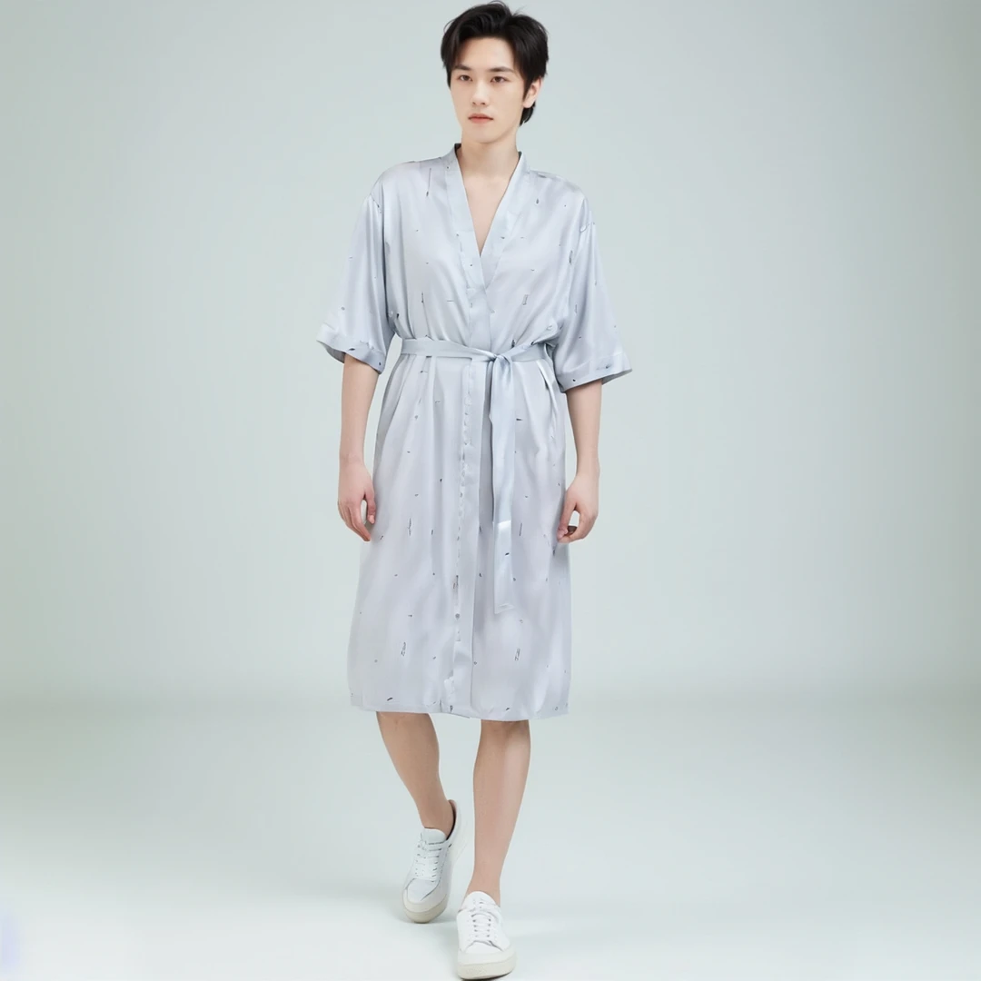 春夏睡袍短袖性感冰丝睡袍中长款舒适家居服简约薄款透气浴袍